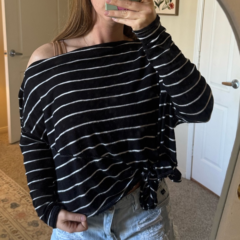We The Free Black and White Striped Off-Shoulder Front Tie Top